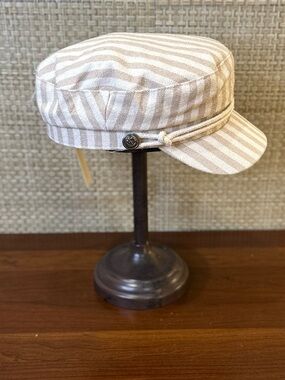 Anthropologie Oxford Stripe Newsboy Cap Baker Boy Fisherman Hat Tan White L/XL